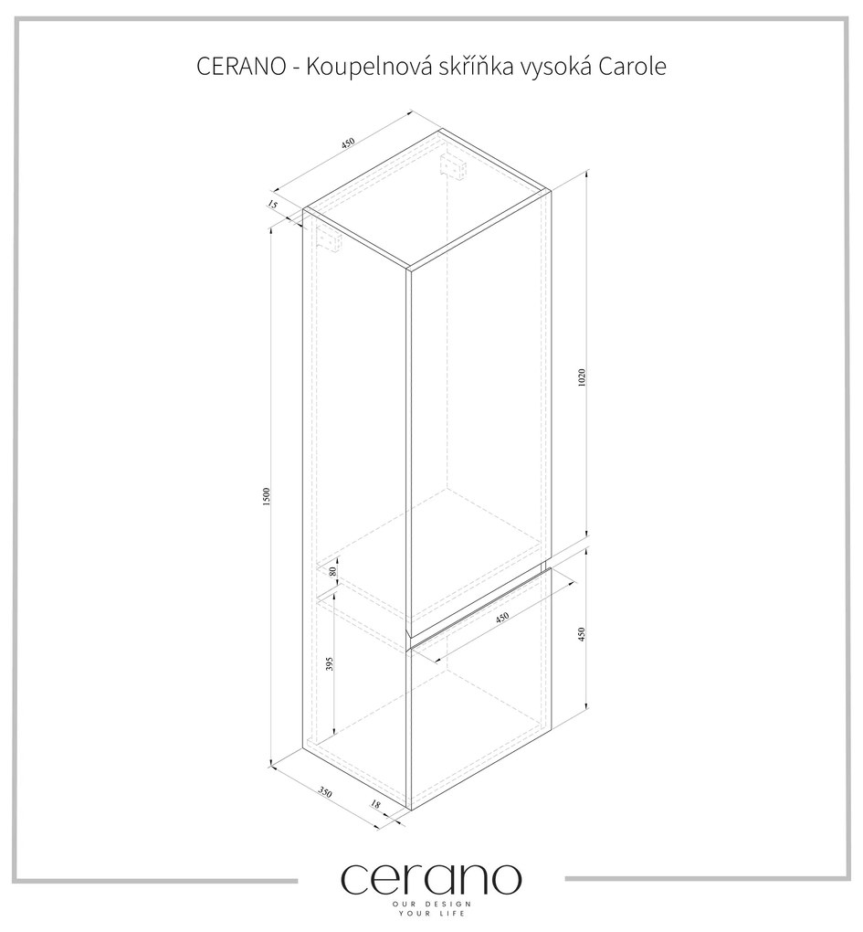 CERANO - Kúpeľňová skrinka vysoká Carole - biela matná - 45x150x34 cm