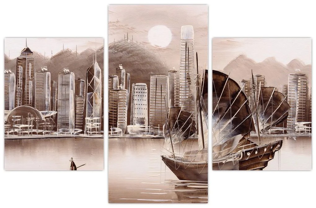 Obrázok - Victoria Harbor, Hong Kong, sépiový efekt (90x60 cm)