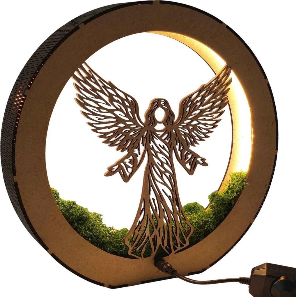 Drevená LED lampa Anjel svetla s machom | MICHAEL: HDF - Orech 20 cm 4778-115060 LED0606
