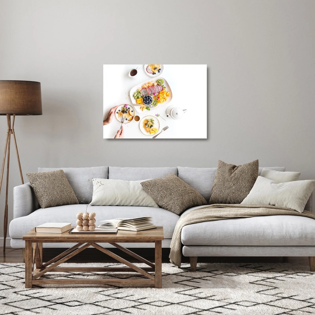 Sklenený obraz tanierov s ovocím na stole (70x50 cm)