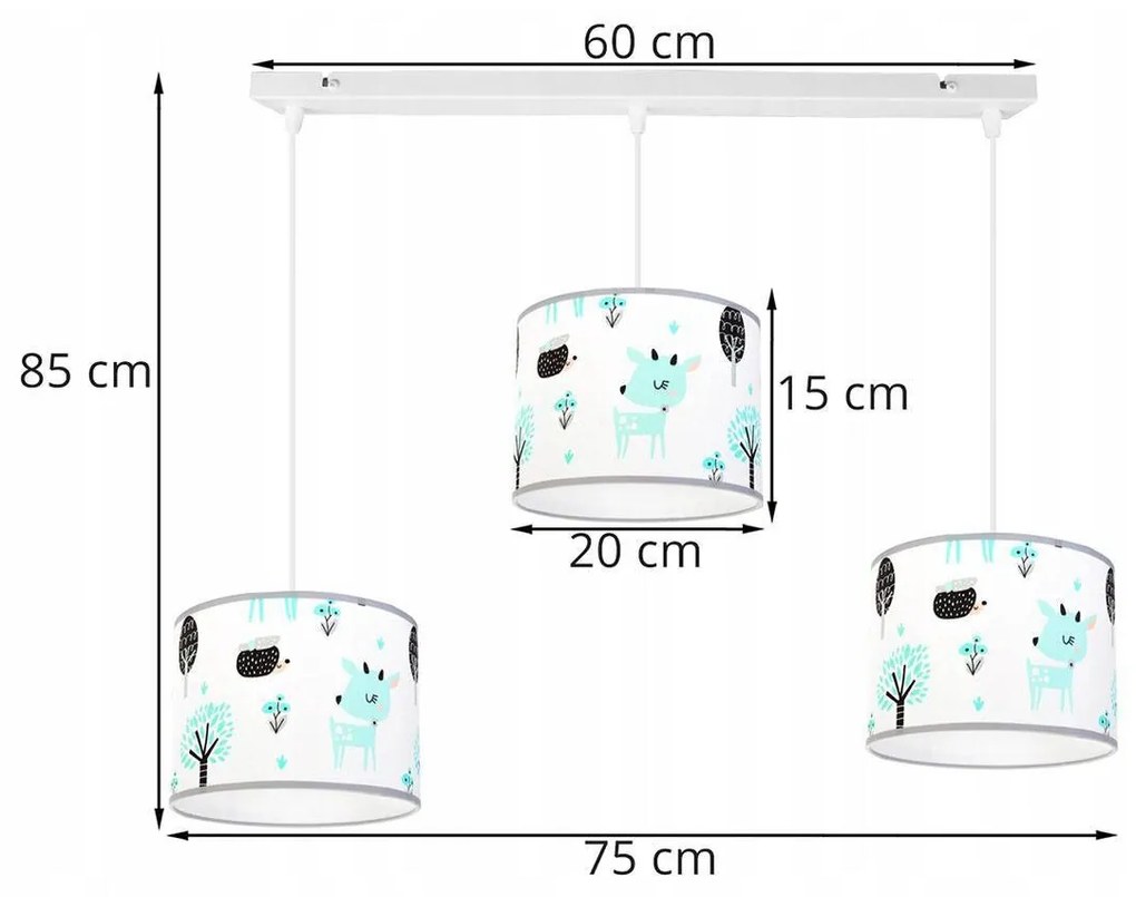 Detské Závesné svietidlo Bambi, 3x textilné tienidlo so vzorom, (výber z 2 farieb konštrukcie)