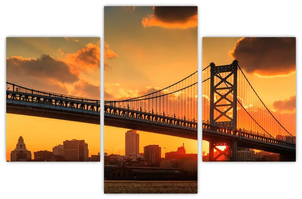 Obraz - Západ slnka nad mostom Bena Franklina, Filadelfia (90x60 cm)