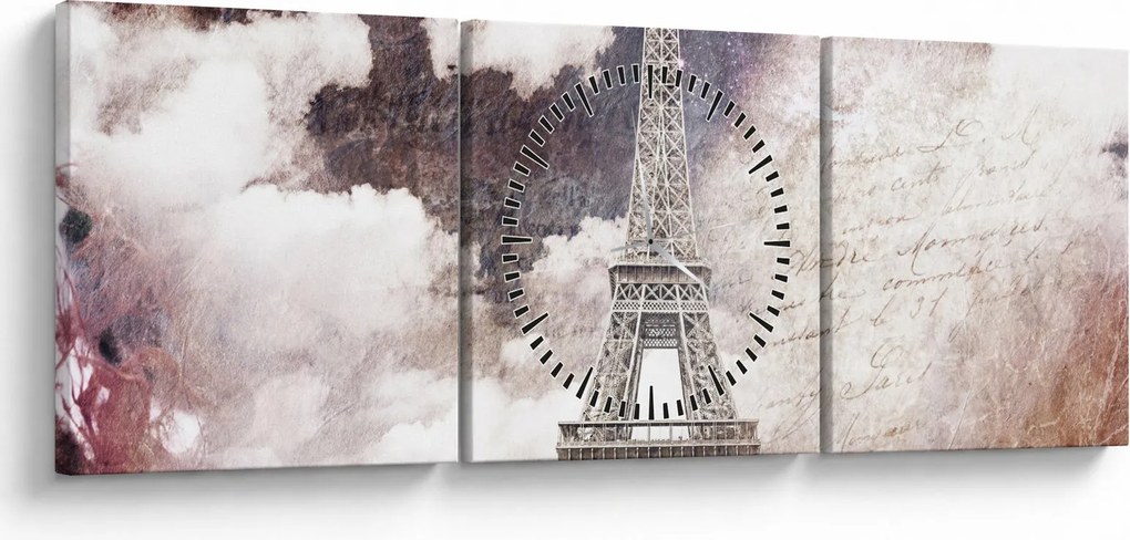 Obraz - Eiffelova veža, Paríž, Francúzsko (s hodinami) (90x30 cm)