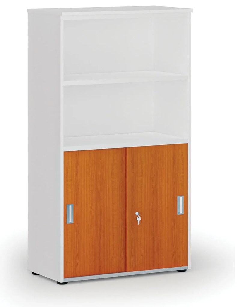 Kombinovaná kancelárska skriňa PRIMO WHITE, zasúvacie dvere na 2 poschodia, 800 x 420 x 1434 mm, biela/čerešňa