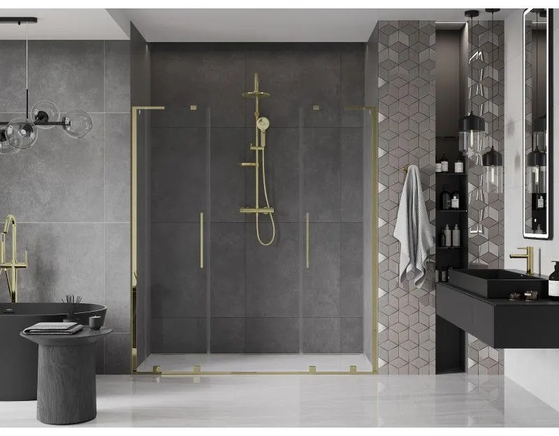 Mexen Velar L Duo, posuvné sprchové dvere do otvoru 180 cm, 8mm číre sklo, zlatá lesklá, 871-180-003-02-50