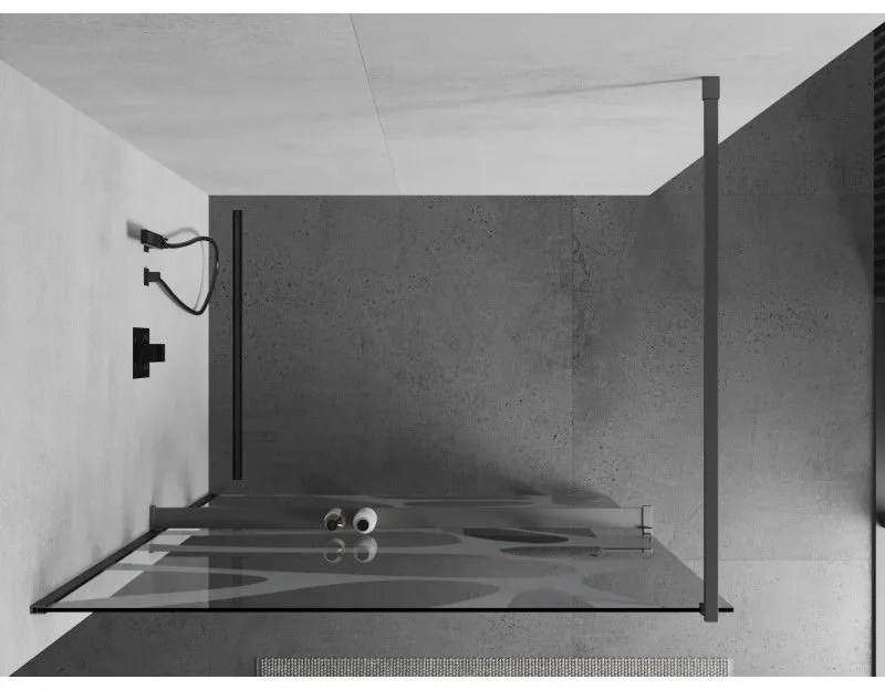 Mexen Kioto+, sprchová zástena Walk-In s poličkou a vešiakom 110 x 200 cm, 8mm číre sklo biely vzor, grafitový profil, 800-110-121-95-97