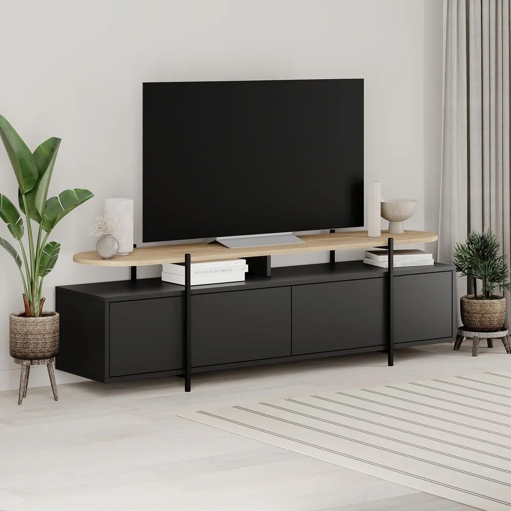 Čierny TV stolík v dekore duba 160x48 cm Hinoa – Marckeric