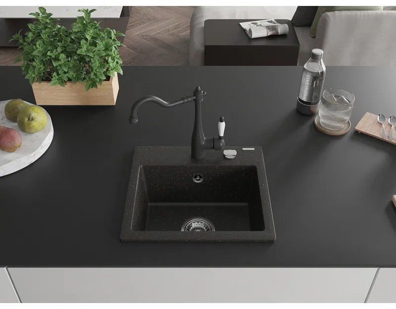Mexen Milo, granitový drez 435x410x171 mm, 1-komorový a drezová batéria Carla, čierna-zlatá metalíza, 6505-75-670700-70