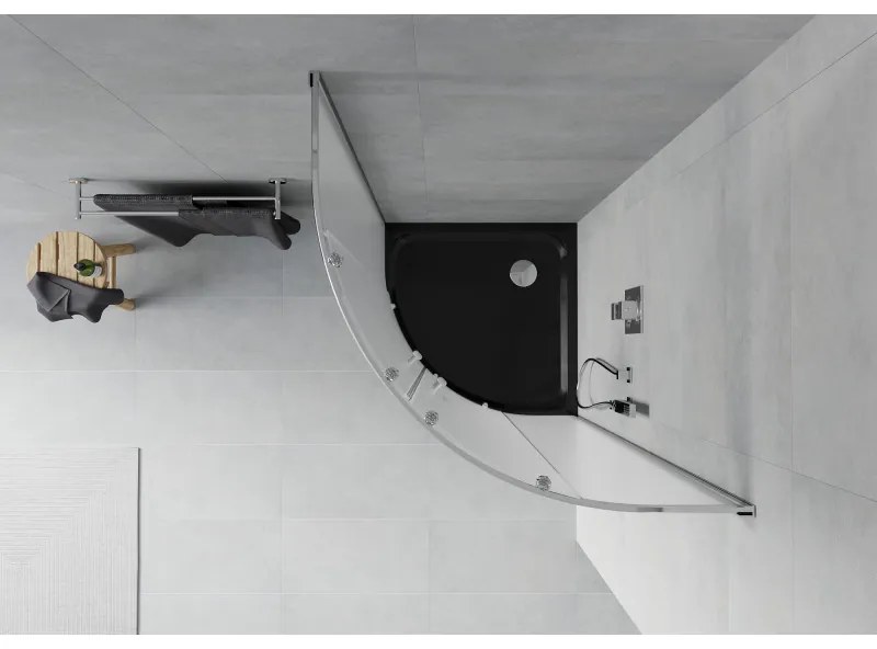 Mexen Rio, štvrťkruhový sprchovací kút s posuvnými dverami 90 x 90 cm, 6mm sklo námraza, chrómový profil + čierna sprchová vanička, 863-090-090-01-30-4170