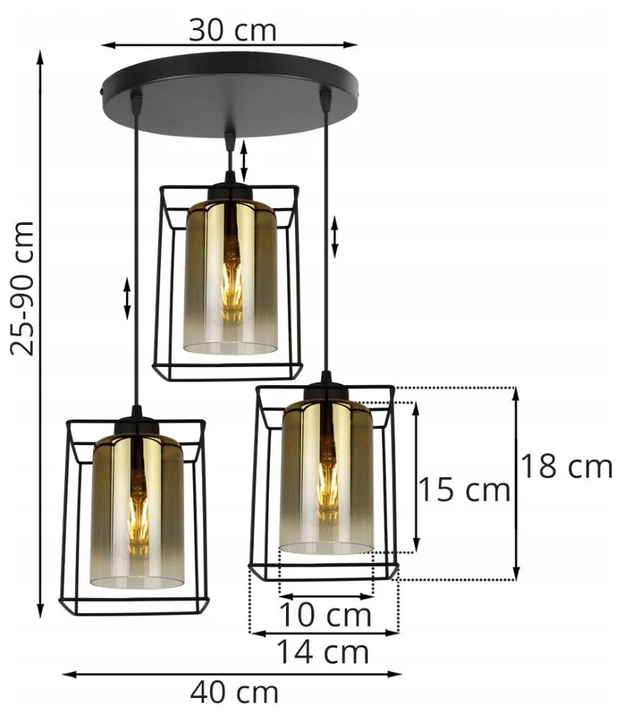 Závesné svietidlo Hella cage, 3x zlaté sklenené tienidlo v kovovom ráme, o