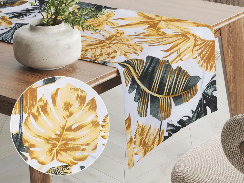 Biante Bavlnený behúň na stôl Sandra SA-388 Sivozelené a zlaté tropické listy na bielom 35x180 cm