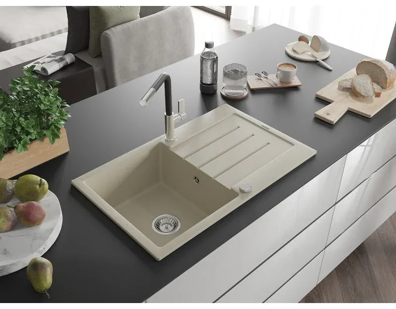 Mexen Bruno, 1-komorový granitový drez 795x495x200 mm a drezová batéria Flora, béžová, 6513-69-670401-07