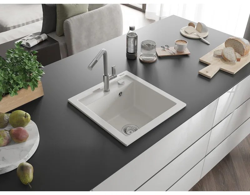 Mexen Vito, 1-komorový granitový drez 490x520x210 mm a drezová batéria Flora, biela, 6503-20-670401-06