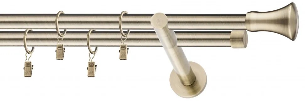 Dekorstudio Mosadzná dvojradová garniža MONACO 19mm Dĺžka: 380cm, Typ uchytenia: Držiak dvojitý otvorený, Typ príslušenstva: Krúžky tiché so štipcami