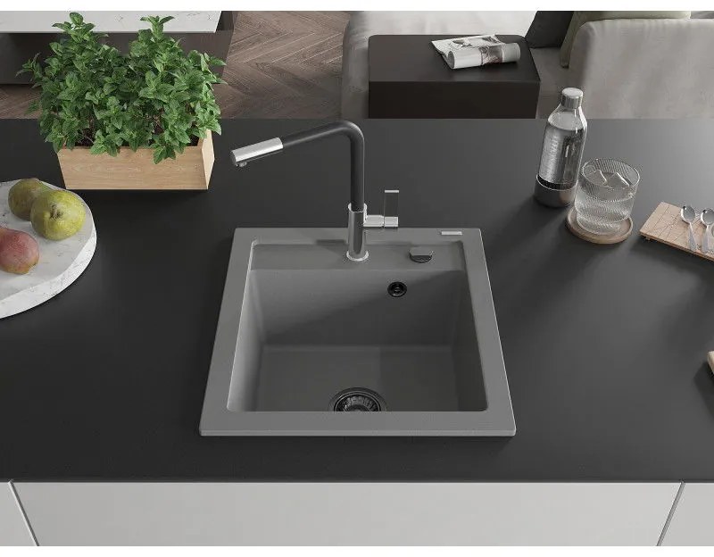 Mexen Vito, 1-komorový granitový drez 490x520x210 mm a drezová batéria Flora, šedá, 6503-71-670401-07-B