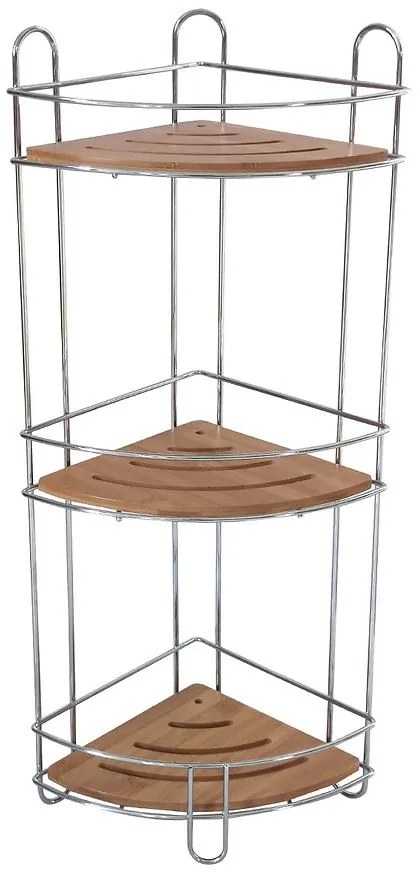 Rohová kúpeľňová polica, 3 úrovne, chróm-bambus