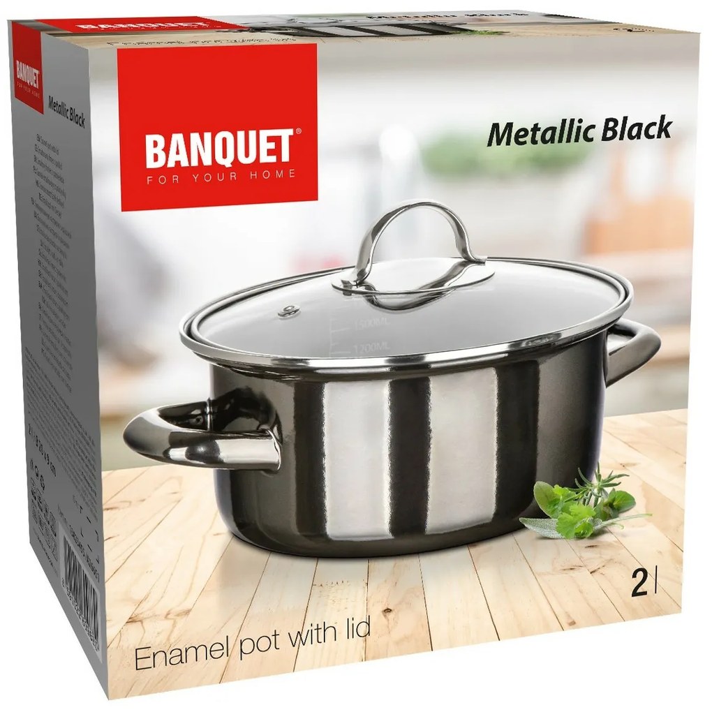 Banquet Hrniec smaltovaný METALLIC Black 20 cm, 2 l, s pokrievkou, 20 cm