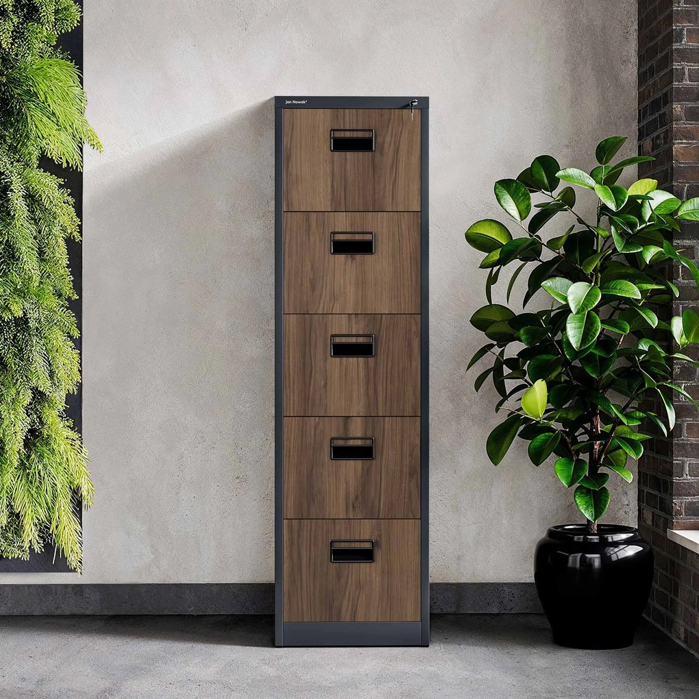 Kovová kartotéka, 5 zásuviek SARA V5, 460 x 1625.5 x 620 mm, Eco Design: antracitová/ orech