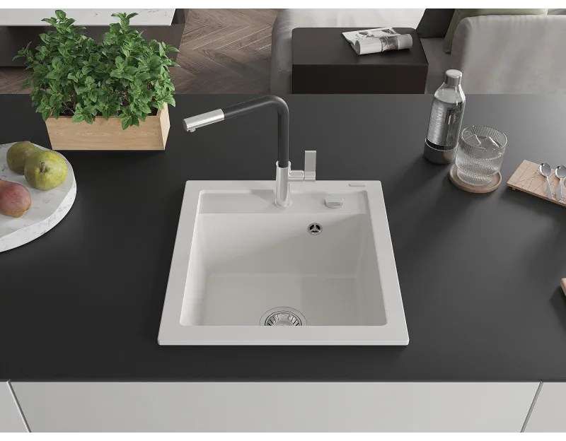 Mexen Vito, 1-komorový granitový drez 490x520x210 mm a drezová batéria Flora, biela, 6503-20-670401-07
