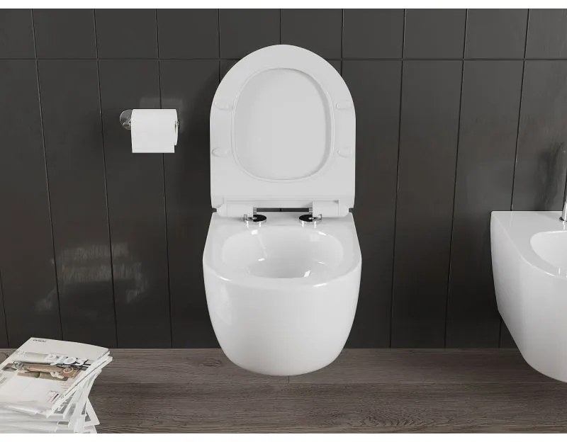 Mexen Carmen, závesná WC misa 490x365x340 mm, Rimless Tornádo + WC sedadlo z duroplastu, biela lesklá, 30880100T