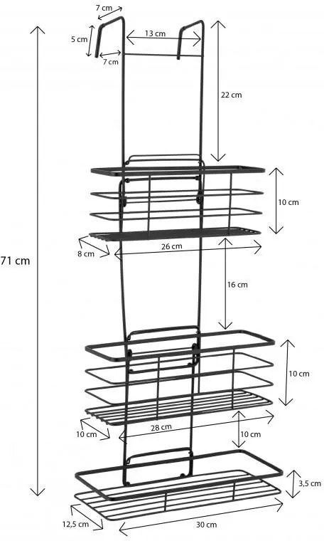 Erga Rafek, trojitá kúpeľňová polička do sprchy na zavesenie 30x12,5x71 cm, čierna matná, ERG-YKA-CH.RAFEK-BLK