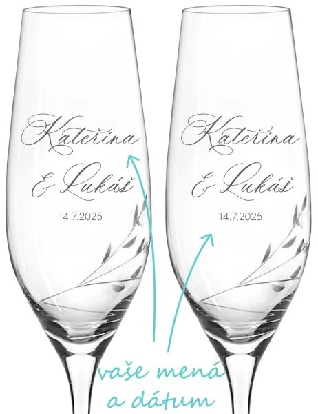 Svadobné poháre na sekt Brúsené lístočky s menami 2 ks