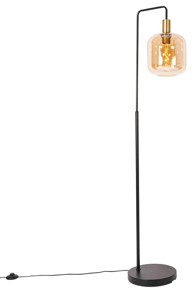 Dizajnová stojaca lampa čierna s mosadzou a jantárovým sklom - Zuzanna