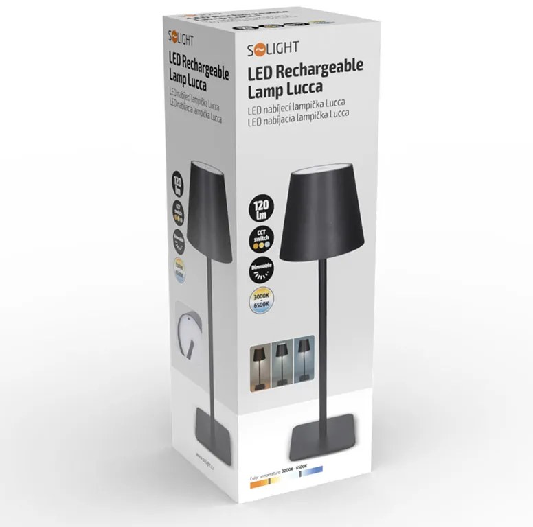 SOLIGHT LED nabíjacia lampička Lucca, 120lm, zmena CCT, stmievanie, čierna