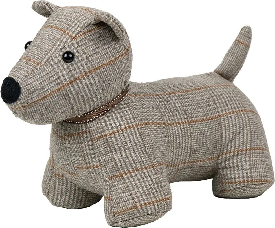 Zarážka k dverám kockovaný šedohnedý stojaci pes – 31*15*23 cm