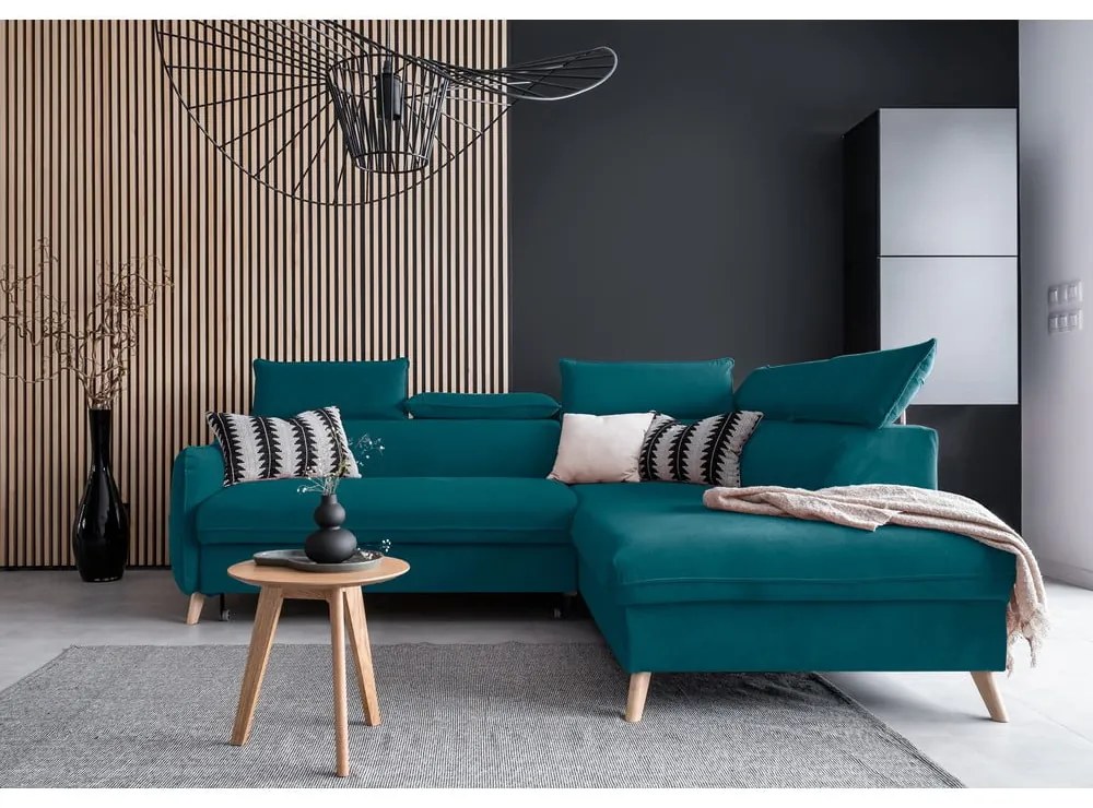 Tyrkysová zamatová rozkladacia rohová pohovka (pravý roh) Sweet Harmony – Miuform