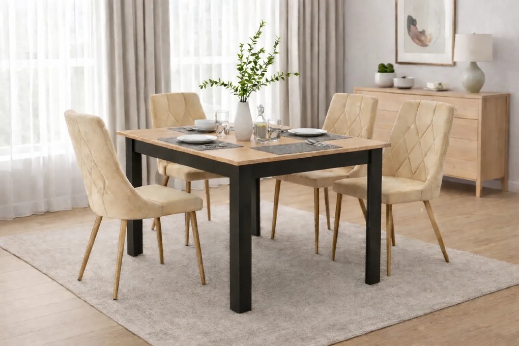 Jedálenská zostava stôl 120 x 80 cm craft čierny a 4 stoličky IMOLA béžové / nohy vo farbe dreva