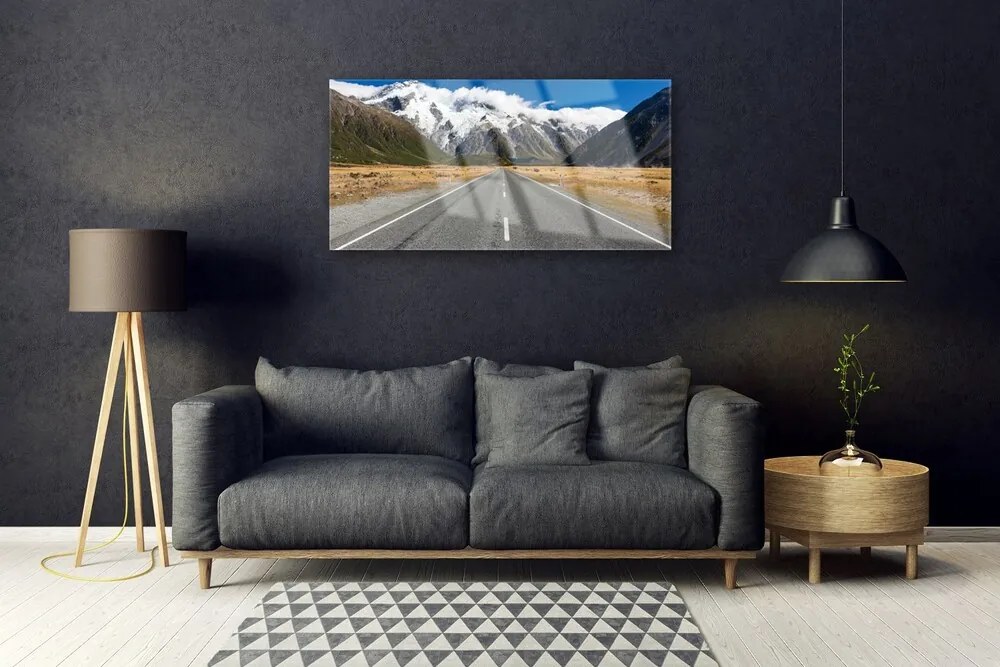 Obraz na skle Cesta hory sneh krajina 120x60 cm