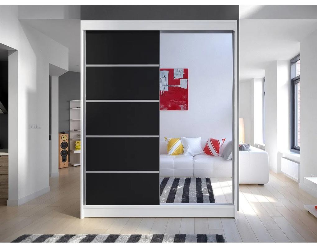 Šatníková skriňa Belgia III, Farby: biela / čierna + zrkadlo, Osvetlenie: osvetlenie LED RGB - farebné