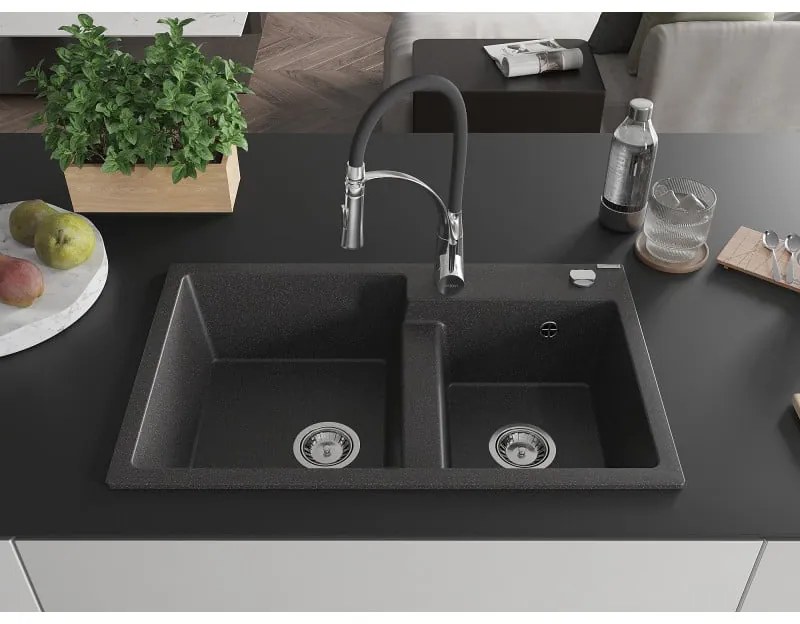 Mexen Tomas, 2-komorový granitový drez 800x500x190 mm a drezová batéria Aster, čierna škvrnitá, 6516-76-73450-07