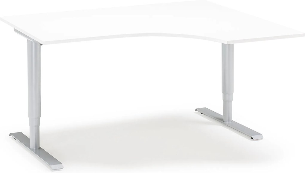 Výškovo nastaviteľný stôl Adeptus, pravý, 1600x1200 mm, biely lam./šedá