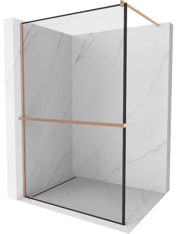 Mexen Kioto+, sprchová zástena Walk-In s poličkou a vešiakom 140 x 200 cm, 8mm číre sklo čierny vzor, medený matný profil, 800-140-121-65-70