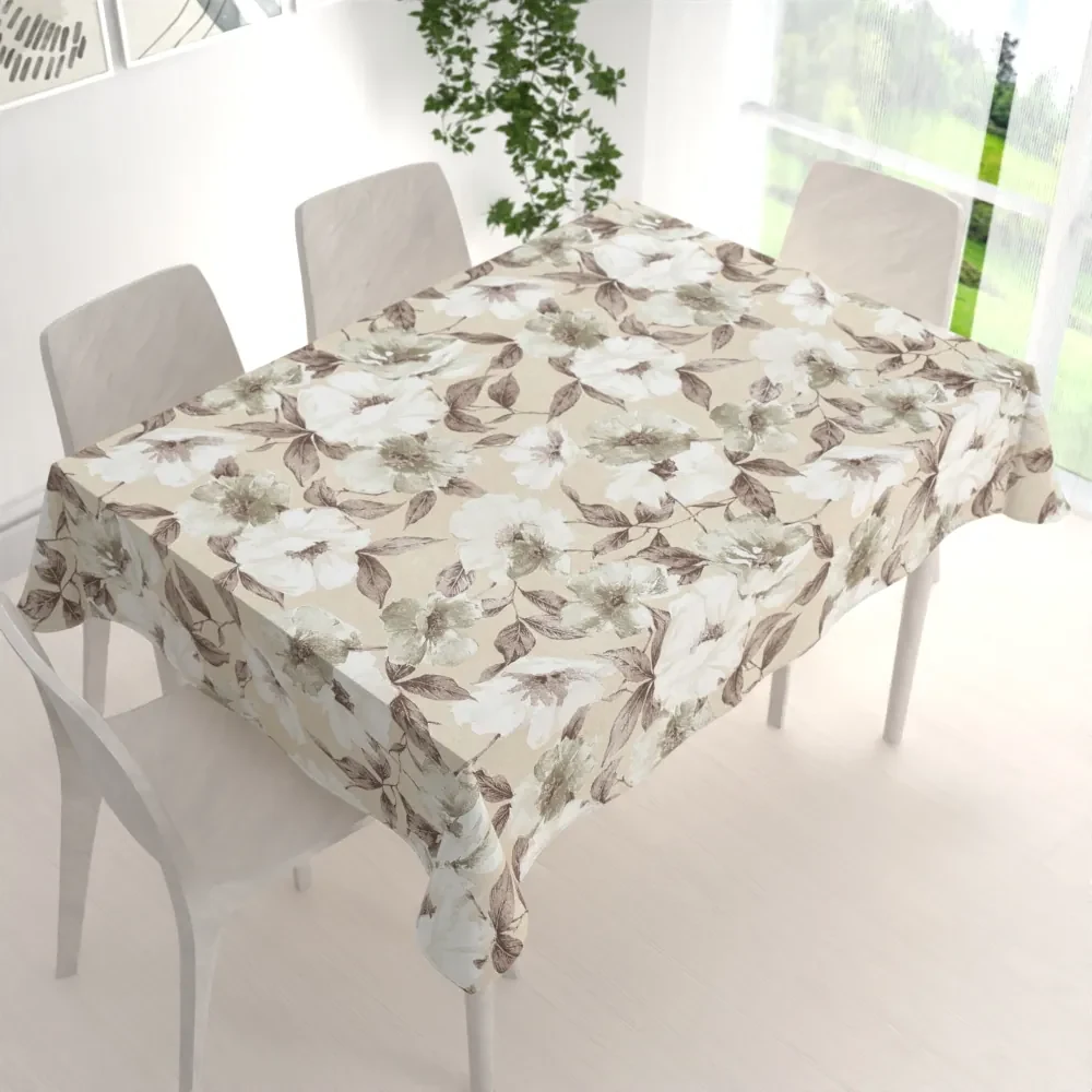 Biante Dekoračný obdĺžnikový obrus Porto PRT-011 Hnedo-biele kvety na béžovom 130x200 cm