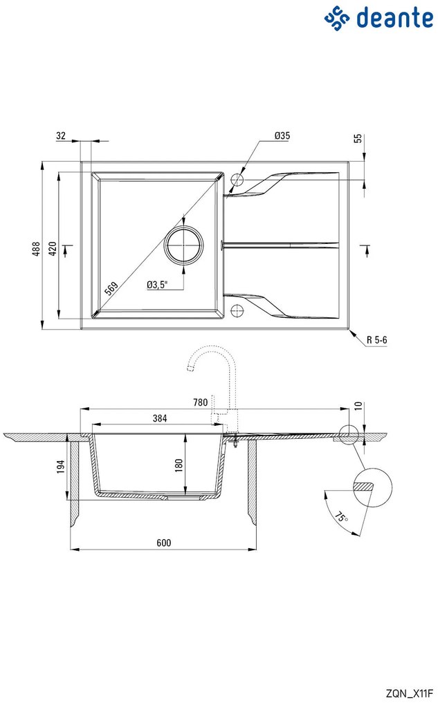 Deante Andante Flush, granitový drez 780x490x194 mm, 3,5" + priestorovo úsporný sifón, 1-komorový, čierna, ZQN_N11F