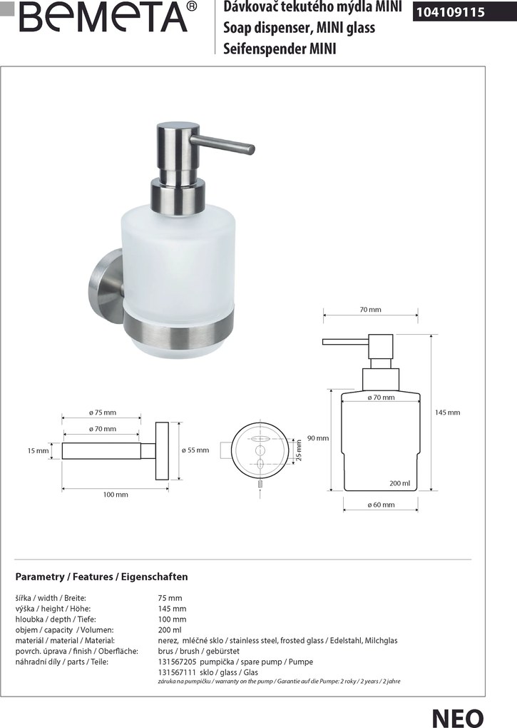 Bemeta Design NEO: Dávkovač mydla, 200 ml - 104109115