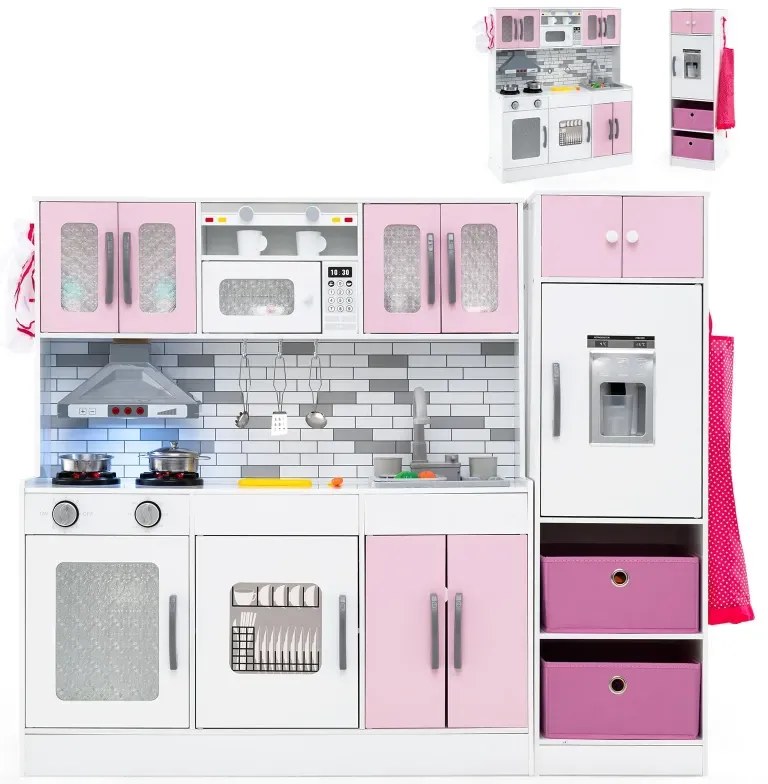 Drevená kuchynská súprava so svetlom a zvukom, veľká modulárna herná kuchynka a chladnička, ružová
