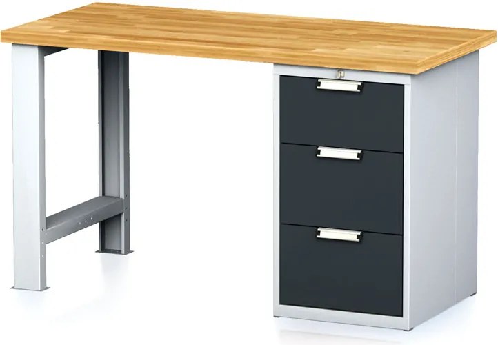 Dielenský pracovný stôl MECHANIC I, pevná noha + dielenský box na náradie, 3 zásuvky, 1500 x 685 x 880 mm, grafitové dvere