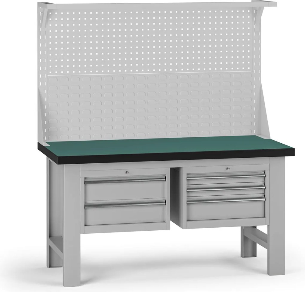 Pracovný stôl do dielne G8 s nadstavbou, 1500 x 750 x 800 mm, 2x kontejner, 5 zásuviek, sivá