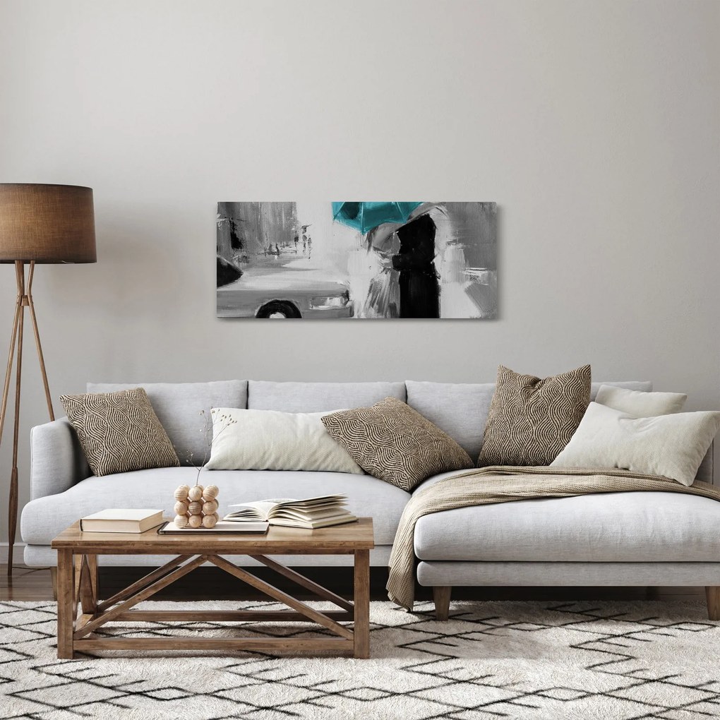 Obraz - Zamilovaný pár s dáždnikom, modrý (120x50 cm)