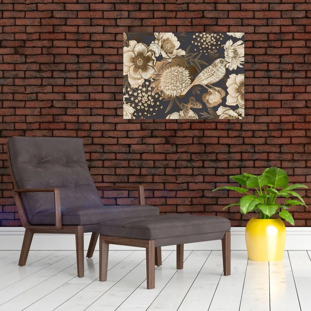Sklenený obraz zlatých kvetov na tmavom pozadí (70x50 cm)