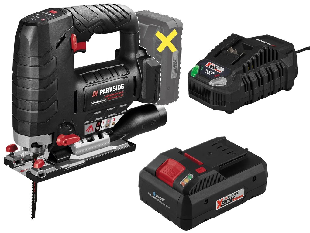 Parkside Performance®  Aku priamočiara píla Ppstda 20-Li A1 + Smart akumulátor 20 V/4Ah + Nabíjačka 20 V/4,5 A  (800011254)