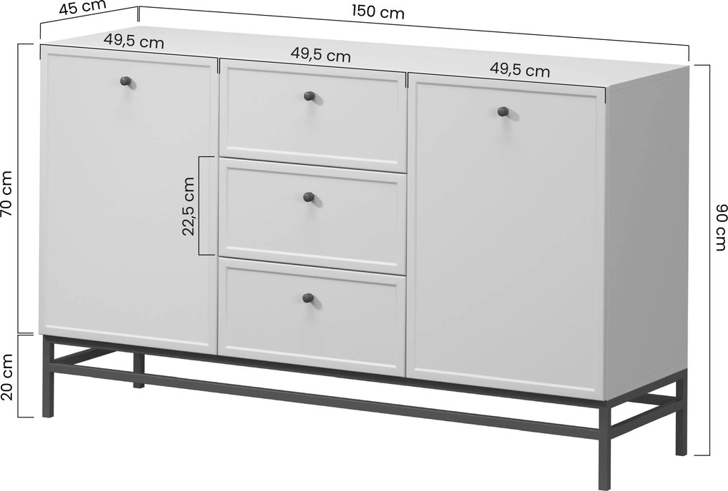 Komoda Lorini 150 cm na stojane - kašmírová / čierne úchytky T