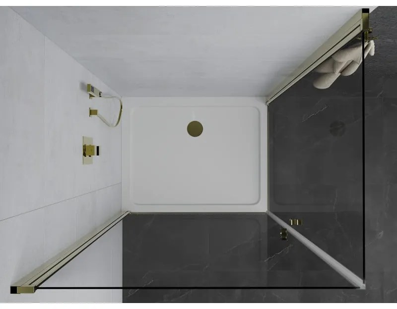 Mexen Pretoria Duo, sprchovací kút s 2-krídlovými dverami 90 (dvere) x 80 (dvere) cm, 6mm číre sklo, zlatý profil + slim sprchová vanička 5cm biela so zlatým sifónom, 852-090-080-50-02-4010G