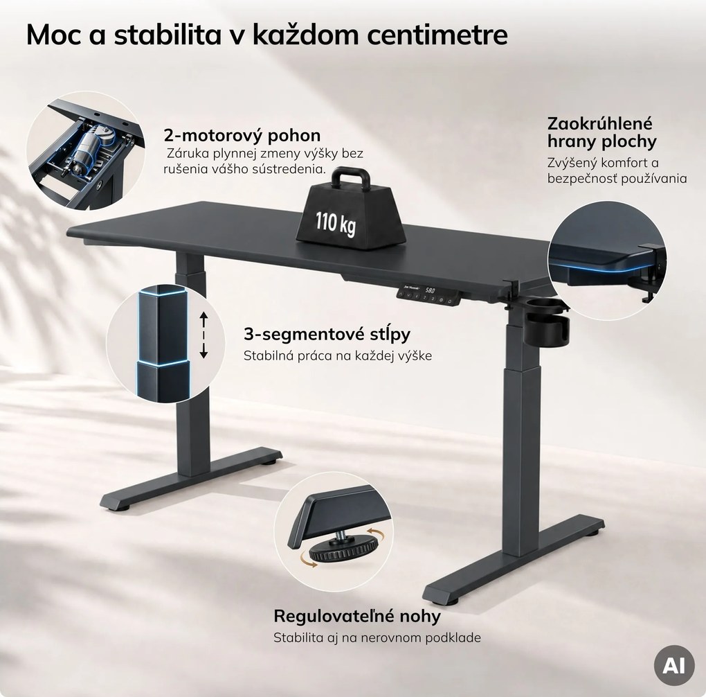 Elektrický stôl s reguláciou výšky ergonomický antracitový,1400x700 mm: ARIA