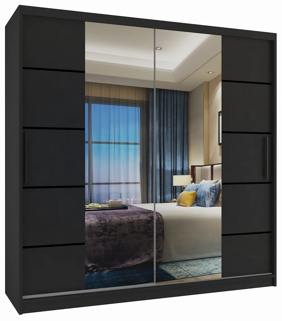 Šatníková skriňa 200 cm Belini čierny mat s posuvnými dverami zrkadlom a zásuvkami ME SZP5/1/B/B/0/KLP
