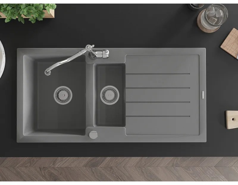 Mexen Andres, granitový drez 1000x500x200 mm, 1,5-komorový a drezová batéria Carla, šedá, 6515-71-670700-00